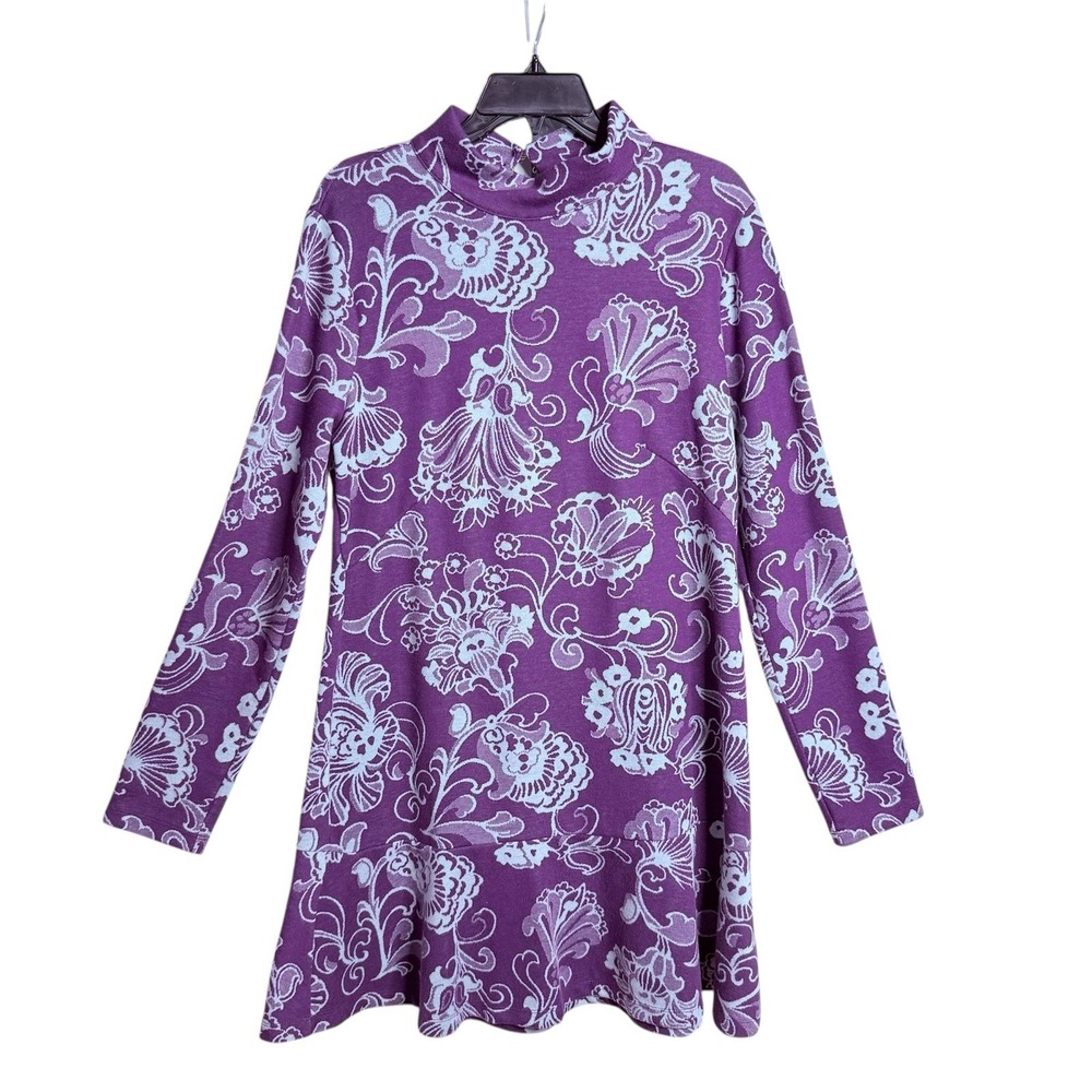 Anthropologie Mock Neck Purple Floral Cutout Back Mini Knit Dress Women's Sz L